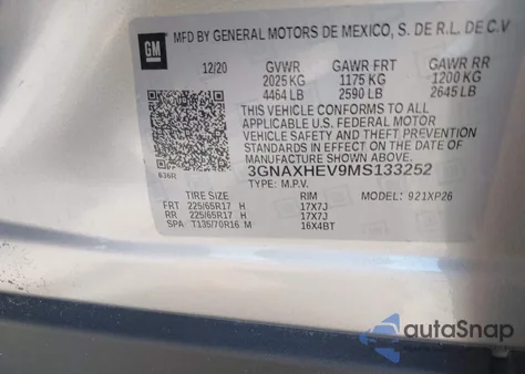 2021 Chevrolet Equinox Fwd Ls из США, поврежденный, VIN 3GNAXHEV9MS133252